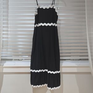 Black Midi Dress with White Scalloped Trim - Sleeveless Spaghetti Strap